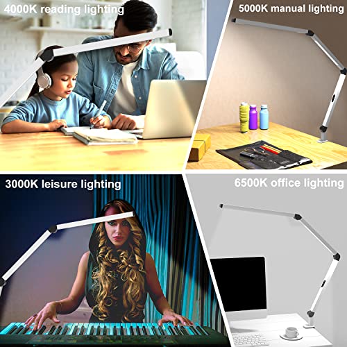 Micomlan LED Desk Lamp with Clamp, Dual Light Table Lamp with Adjustable Swing Arm, Eye-Care 4 CCT Modes & 5 Brightness Levels Clip-on Architect Modern Desk Light for Home Office Crafting Sewing - color: White+Touch