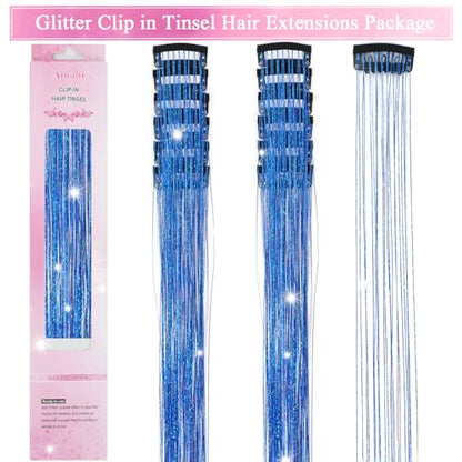 Hair Tinsel Clip in 12 Pcs Glitter Tinsel Hair Extensions 20 Inch Fairy Hair Clip in Hair Tinsel Heat Resistant Sparkly Hair Accessories for Girls Women Kids (Blue) - color: Blue