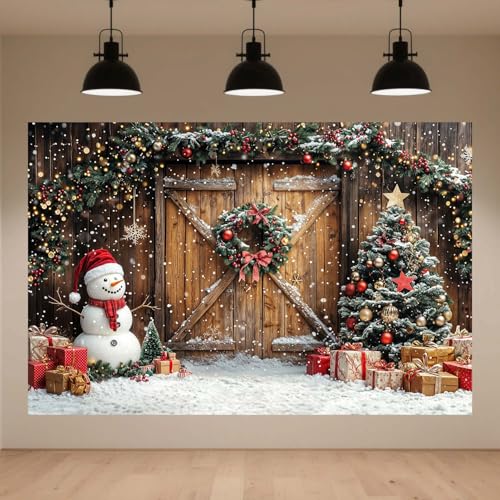 10x8ft Winter Christmas Photography Backdrop Rustic Wooden Barn Door Kids Photography Backdrop Farmhouse Xmas Tree Family Party Decor Photo Backdrops Snowflake Brown Photo Booth Props Background - color: Multi4, size: 10X8ft