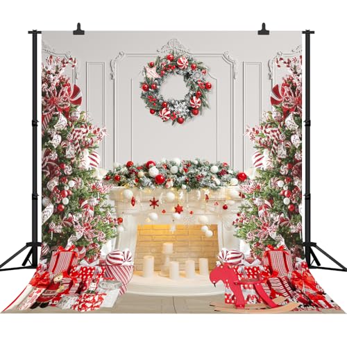8x8 FT Christmas Fireplace Backdrop White Fireplace Red Xmas Tree Photography Background Winter Christmas Family Kids Holiday Party Theme Decorations Banner Photo Booth Props - size: 8x8 FT