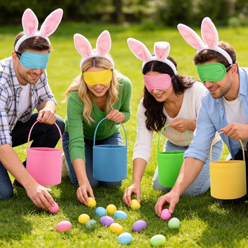 4 Set Easter Outdoor Party Games Easter Eggs Scoop Challenge Bucket for Family with 4 Bucket 4 Scoop 4 Eye Mask and 50 Easter Egg Bucket Blind Egg Challenge for Holiday Party