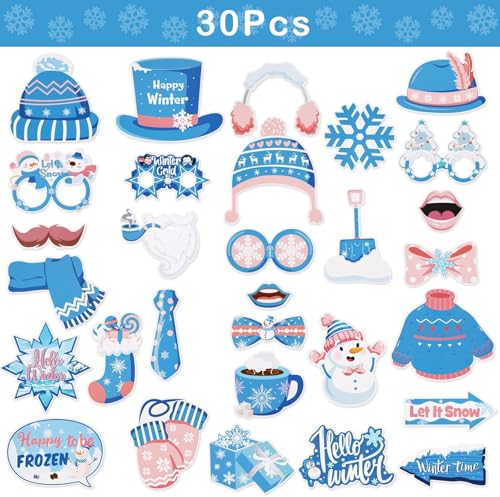 30PCS Snowflake Photo Booth Props - Snowflake Games for Party Supplies, Winter Photo Booth Props, Holiday and Winter Wonderland for Christmas Party Decoration