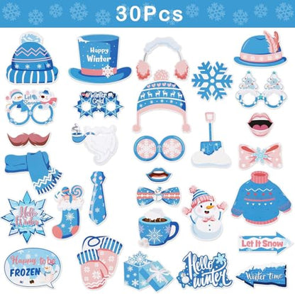 30PCS Snowflake Photo Booth Props - Snowflake Games for Party Supplies, Winter Photo Booth Props, Holiday and Winter Wonderland for Christmas Party Decoration