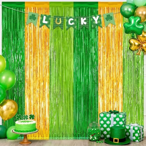 2 Pack St Patrick Party Decorations, Green Party Backdrop Green Gold Light Green Backdrop Curtains, Metallic St.Patrick Fringe Curtains Party Streamer Tinsel Backdrop, St Patrick Party Supplies - color: Green and Gold and Light Green