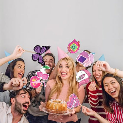 Y2K & 2000s Party Decorations Photo Booth Props Kit, Pink & Purple, Cardboard & Bamboo, 16 Themed Props, Y2K & 2000s Birthday Party Favors & Supplies