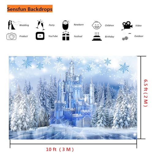 Sensfun Winter Ice Snow Wonderland Backdrop Wonderland Christmas Party Decorations,Crystal Ice Castle Snowflake Photography Background for Girl Wonderland Birthday Banner Portrait Photo Props 10x6.5ft - size: 10x6.5ft