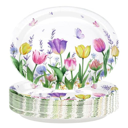 50Pcs Tulip Oval Paper Plates Large 10" x 12" Tulip Lavender Floral Plates Disposable Heavy Duty Butterfly Flower Plates for Spring Mother’s Day Wedding Bridal Shower Decor Birthday Tea Party Supplies - style: 50Pcs Tulip Oval Plates