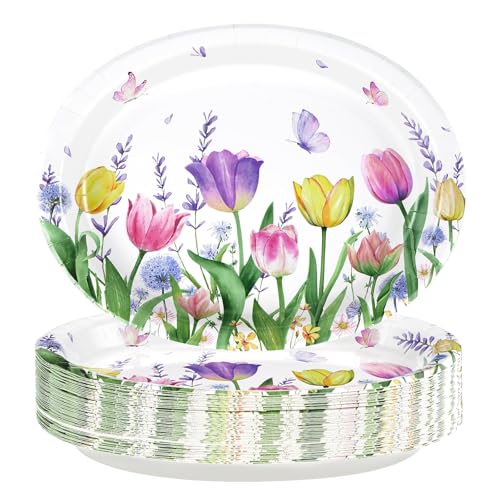 50Pcs Tulip Oval Paper Plates Large 10" x 12" Tulip Lavender Floral Plates Disposable Heavy Duty Butterfly Flower Plates for Spring Mother’s Day Wedding Bridal Shower Decor Birthday Tea Party Supplies - style: 50Pcs Tulip Oval Plates