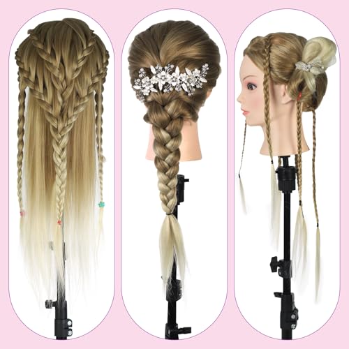 Mannequin Head with Hair with Tripod Stand - 28" Cosmetology Mannequin Head with Stand, Doll Head for Hair Styling Braiding Practice Manikin Head with Tripod Set, Ombre Golden - color: Golden&Tripod