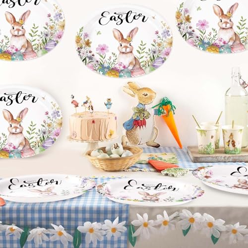 50PCS Easter Oval Paper Plates Easter Decorations 10" X 12" Large Easter Bunny Paper Plates Disposable Easter Party Plates Bunny Egg Flowers Tableware for Spring Easter Holiday Party Supplies - style: 50PCS Easter Oval Kit
