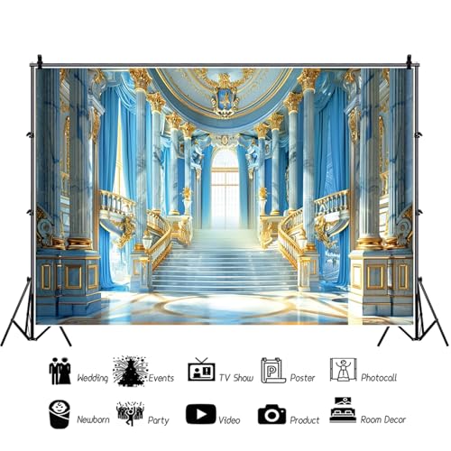 Renaiss Fabric Blue Palace Backdrop Luxury Golden Hall Castle Interior Staircase Masquerade Party Scene Wedding Bridal Shower Background Photo Booth Studio Props 5x4ft - color: XH002, size: 5Wx4H FT