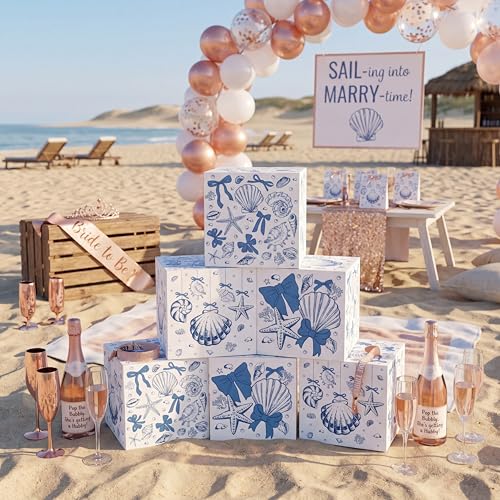Tenceur 6 Pcs Last Toast on The Coast Bachelorette Party Decor Boxes Coastal Beach Blue Bow Seashell Paper Boxes 11.8'' Ocean Under The Sea Photo Booth Prop for Baby Shower Birthday Bachelorette Party - style: Coastal