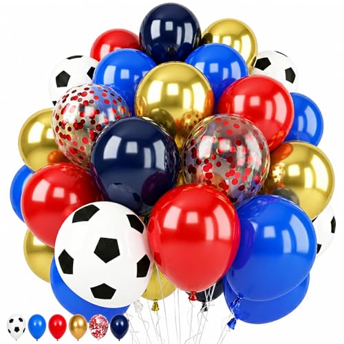 Soccer Balloons, 12Inch Blue Red Gold Soccer Printed Latex Balloons, Navy Royal Blue Red and Metallic Gold Helium Balloon with Confetti Balloon for Sport Football Theme Boy Men Birthday Party Decor - color: Soccer Blue Red Gold