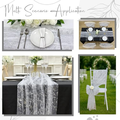 AerWo 4 Pcs Silver Table Runner 10FT, Boho Foil Glitter Sheer Sequin Table Runners 120 Inches Long, Wedding Centerpiece Table Decorations for Party Supplies Birthday Christmas Runners Decorations - size: 4 Pieces, style: Silver