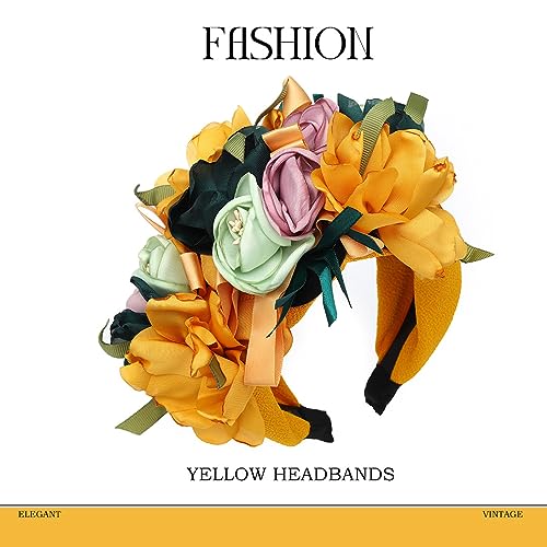 Flower Headbands for Women Boho Yellow Floral Headband Wide Autumn Wedding Hairband statement Hair Accessories(Yellow) - color: Yellow