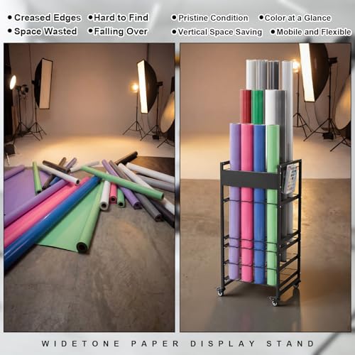 Thyle Seamless Paper Backdrop Storage Rack Holds 12 Rolls, Background Paper Roll Display Stand with 4 Locking Wheels, Heavy Duty Backdrops Rolls Storage Stand for Photography Studio Retail Display