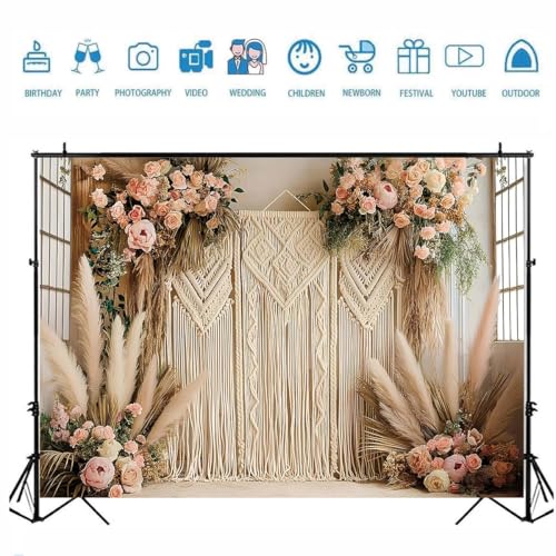 Bohemian Pampas Grass Art Photography Backdrops Retro Boho Flowers Window Photography Background Bohemian Room Backdrops Adult Birthday Wedding Maternity Portrait Decor Backdrop (6x4feet) - size: 6x4feet