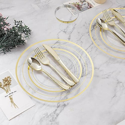 BESTVIP 50PCS Clear Gold Plastic Plates, 10.25 Inch Disposable Dinner Plate Party with Gold Rim, Heavy Duty Disposable Plastic Plates for Christmas, Thanksgiving, Party, Wedding and Birthday - color: Clear Gold, size: 50PC