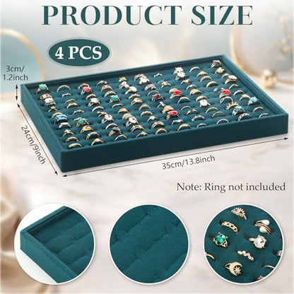 Wenqik 4 Pcs Cardboard Ring Holder with Velvet Lining, 100 Slot Inserts Stackable Ring Display Tray,13.8 x 9.4 x 1.2 inch (Dark Green) - color: Dark Green