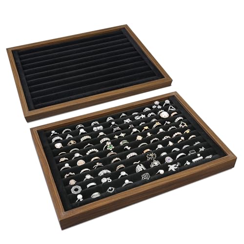 MOOCA 2 Pcs Wooden Ring Display Tray Set with Black Suede Lining, Ring Organizer for Jewelry Storage and Display, Walnut Color, 14W x 9.7D x 1.2H in - color: Black Velvet, Walnut Tray, 10 Long Slots