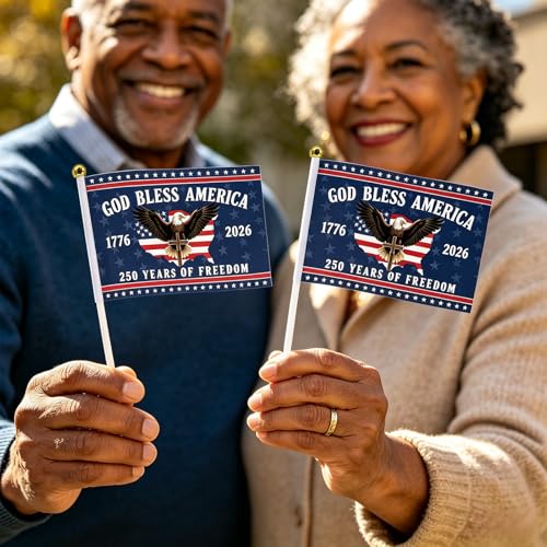 12 Pcs Small American Flags On Stick 250 Anniversary USA Flag Merchandise, Double Sided 250th Anniversary Patriotic Signs Hand Held Flags for Room House Welcome Lawn Backdrop Parade, God Bless America Flags for Outside 4th of July Day Decorations
