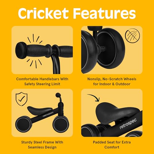 Retrospec Cricket Baby Balance Bike, 4-Wheel Ride-On Toy for Ages 12-24 Months – First Bike & Toddler Bike for 1 Year Old Boys & Girls, First Birthday Gift - color: Black