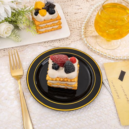 bUCLA 100PCS Black and Gold Plastic Plates - 6.25 inch Black Gold Premium Hard Disposable Dessert/Salad/Appetizer/Small Cake Plates for Party, Graduation & New year - color: 6.25Inch-100pcs-Black Gold