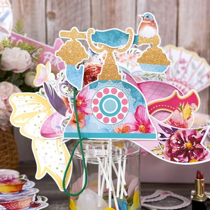 SUNBEAUTY 36 Pcs Tea Party Photo Booth Props - Pink, White, Green - Floral Pattern - Paper Material - Perfect for Parties - color: Tea Party