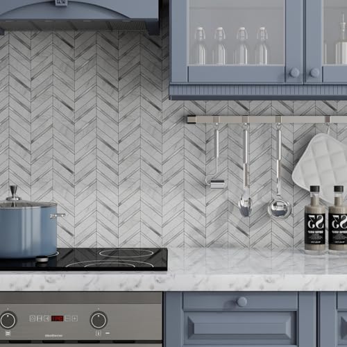 Herringbone Peel and Stick Backsplash, 10-Sheet Peel and Stick Wall Tiles Self Adhesive PVC Tile Stick on Backsplash Tiles for Kitchen Fireplace - color: White Marble Mixed Silver Metal