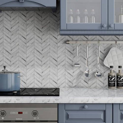 Herringbone Peel and Stick Backsplash, 10-Sheet Peel and Stick Wall Tiles Self Adhesive PVC Tile Stick on Backsplash Tiles for Kitchen Fireplace - color: White Marble Mixed Silver Metal