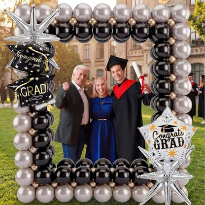 Seenelling 244 Pcs Black and Silver Graduation Balloon Arch Kit with Balloon Arch Stand Graduation 2026 Party Photo Booth Prom Backdrop for Celebrations High School Birthday Party Decoration