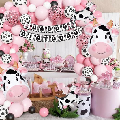 Amandir 115PCS Pink Cow Party Decorations - Balloon Garland Arch Kit with Cow Print Balloons, Happy Birthday Banner, Cake Topper for Girl Baby Shower, Farm Animals Themed Birthday Party Supplies