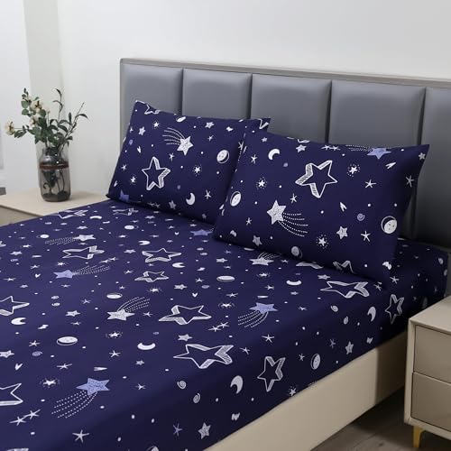 MAG 3pcs Purple Star Queen Bed Sheet,Space Microfiber Bedding Sheet Set,Galaxy Bedding Set with 1 Fitted and 2 Pillowcases,14 Inches Deep (Purple and White, Queen) - color: Star, size: Queen