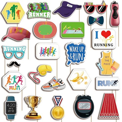 Running Photo Booth Props Decoration 25 PCS Photobooth Kit Sport Run Marathon Cross Country Party Photobooth Props - Holiday Photobooth Prop with 6x4-Inch Sign, 80 Adhesive Pads, 28 Sticks