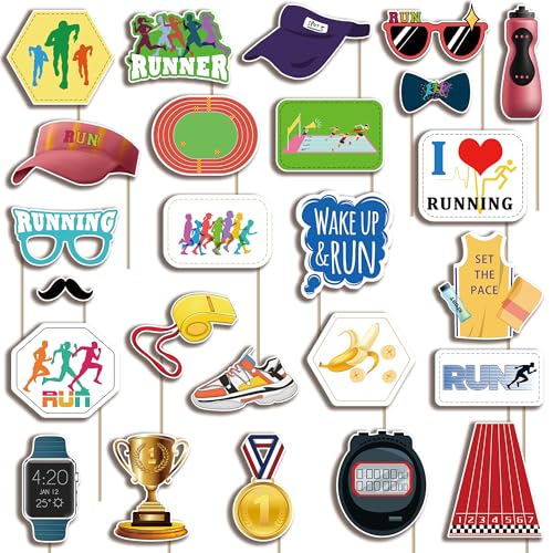Running Photo Booth Props Decoration 25 PCS Photobooth Kit Sport Run Marathon Cross Country Party Photobooth Props - Holiday Photobooth Prop with 6x4-Inch Sign, 80 Adhesive Pads, 28 Sticks