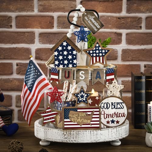 FoldTier 18 Pcs 4th of July Tiered Tray Decor Set Rustic Patriotic Independence Day Decoration Glow Vintage Farmhouse 4th of July Tiered Tray Sign Wooden Red White Blue Decor for Table(Rustic) - style: Rustic