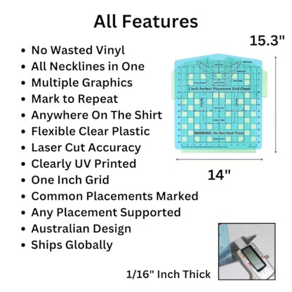 T-Shirt Ruler Guide — Chest Placement — Shirt Alignment Tool for Heat Press — HTV, DTF and Embroidery — Left Chest, Pocket and Custom Positions — Clear PETG — Made in Australia