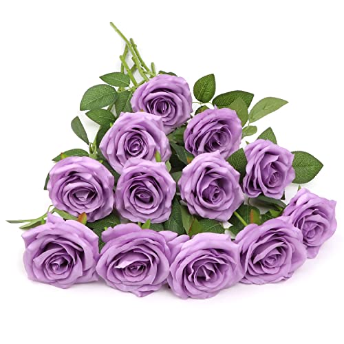 LVEFIT Artificial Rose Flower Lilac Flowers Lilac Roses Purple Rose Flowers Silk Flowers 12 pcs with Long Stem Silk Roses Bouquet for Wedding Bridal Shower Party Home Decoration - color: Lilac, size: 12pcs