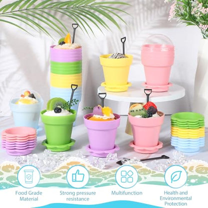 Honeydak 25 Pack Flowerpot Dessert Cup Plastic Cake Cups with Lid Shovel Spoon Mini Flower Pot Dessert Cups Ice Cream Yogurt Cupcake Holder Containers for Birthday Party Supplies DIY Baking(Colorful) - color: Colorful