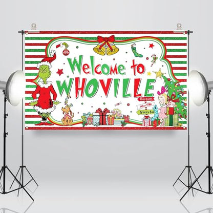 Sunwer Welcome Xmas Photo Booth Backdrop Green Christmas Winter Holiday Party Decorations Home Indoor Outdoor Wall Hanging Banner (White-A, 7×5ft) - size: 7×5ft