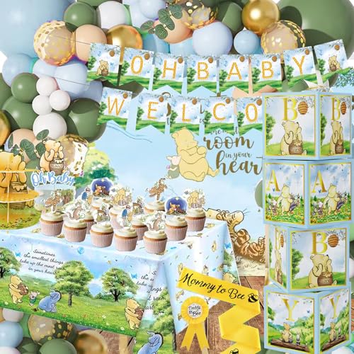 159pcs Blue Classic Winnie Baby Shower Decorations Kit, Vintage Pooh Party Supplies, Classic Pooh Backdrop, Cake Topper, Tablecloth Box Decorations for Girl Boy Baby Shower - style: Blue Decoration with Blue Baby Box
