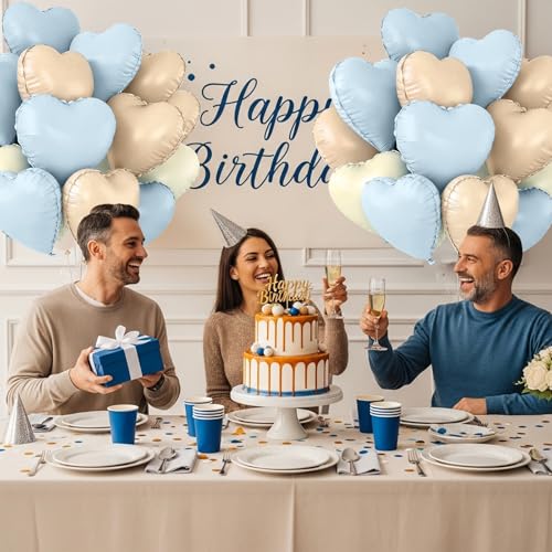 TONIFUL 30Pcs 18 Inch Light Blue Cream White Caramel Balloons Heart Shape Foil Mylar Banners Decoration for Birthday Valentine's Day Wedding Bridal Shower Anniversary Engagement Party Supplies - color: Blue Cream White Caramel