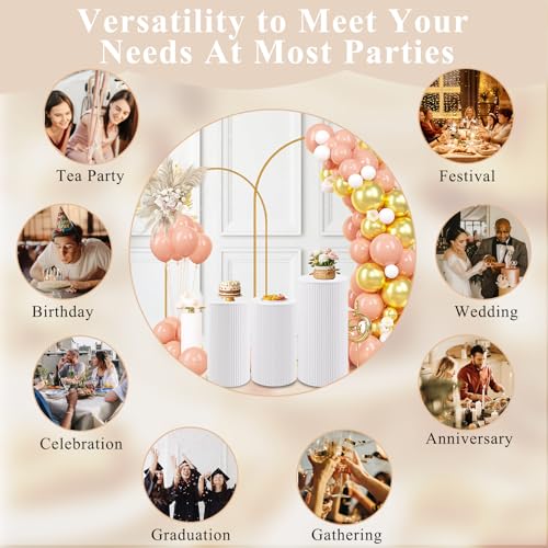 Metal Pleated Cylinder Pedestal Stands for Party, 3 Pieces Heavy Duty Round Cake Pedestal Stand Display Plinth Pillars Art Decor for Wedding Ceremony Birthday Party（Medium, White） - size: Xl:29.72"x14.17", L:23.82"x12.6", M:21.85"x11.02"