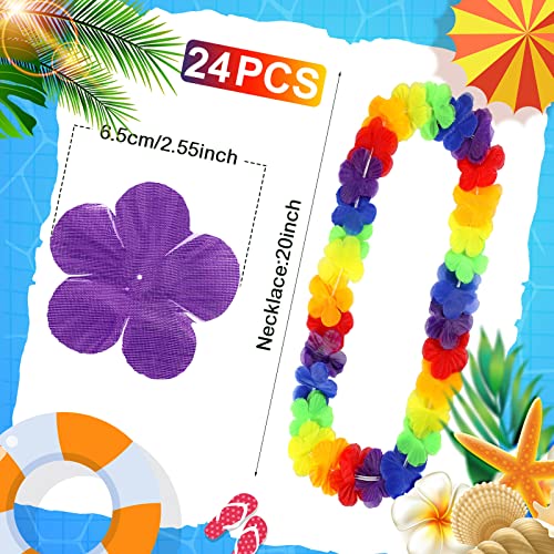 Hoteam 24 Counts Rainbow Hawaiian Leis Gay Bulk Necklace Tropical Flower Lei Floral Luau Party Decorations Flower Luau Necklaces Hula Dance Garland Headbands for Beach Wedding LGBT Pride Party Favors - color: Rainbow