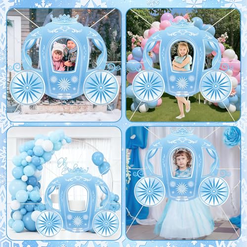 Snowflake Princess Carriage Photo Prop Background Winter Wonderland Selfie Frame Photography Blue Carriage Backdrop Banner 63" Fairy Tale Photo Booth for Winter Snow Holiday Birthday Party Decoration
