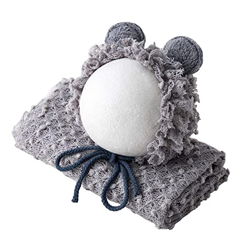 Newborn Baby Photography Props Outfits Photoshoot Photos Hat Long Ripple Wrap Set for Boys Girls Photography - color: Gray
