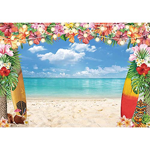 10x8ft Summer Hawaiian Luau Beach Backdrop for Photography Tropical Flower Luau Hawaiian Party Decorations Aloha Blue Sky Ocean Palm Leaves Background Supplies Photoshoots - size: 10'x8'