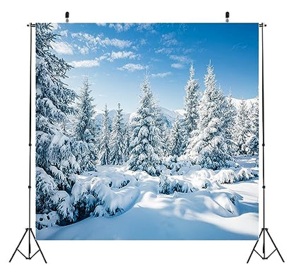 BELECO 8x8ft Fabric Winter Snow Backdrop White Xmas Trees Wintry Scene Alps Mountains Ice and Snow World Background Christmas New Year Party Decorations Banner Holiday Photo Background Photo Props - size: 8x8FT