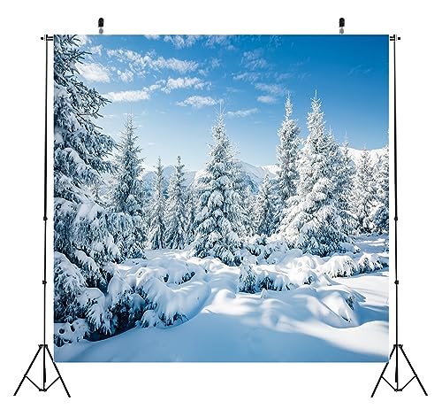 BELECO 8x8ft Fabric Winter Snow Backdrop White Xmas Trees Wintry Scene Alps Mountains Ice and Snow World Background Christmas New Year Party Decorations Banner Holiday Photo Background Photo Props - size: 8x8FT