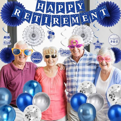 Holkcog Blue Retirement Party Decorations for Women, Silver Blue Happy Retired Banner Backdrop Paper Fan Hanging Swirls for Coworker, I'm Retired Cake Top & Honeycomb Set, Great for Retiring Women - style: Blue